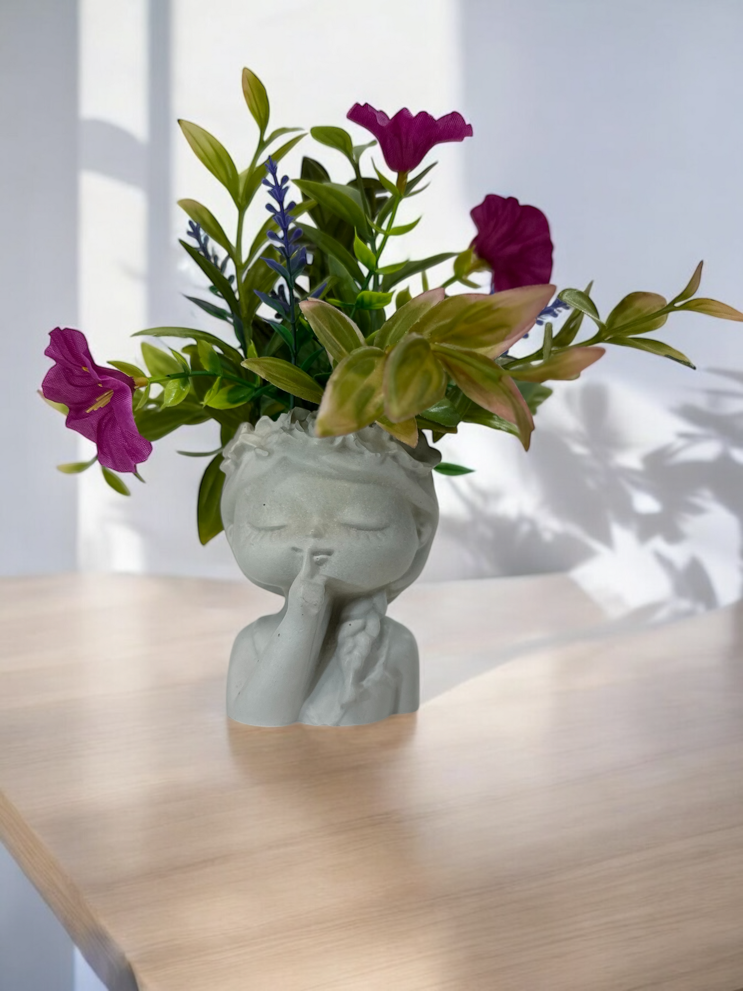 “Quiet Beauty” Faux Floral Arrangement in Cement Girl Planter