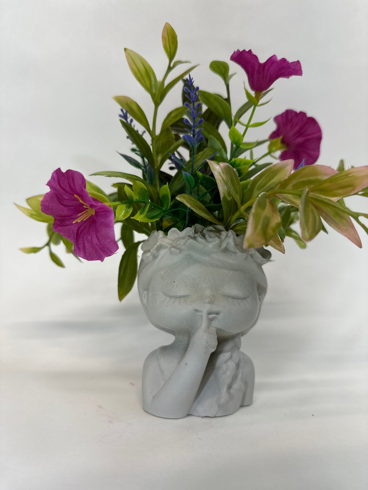 “Quiet Beauty” Faux Floral Arrangement in Cement Girl Planter
