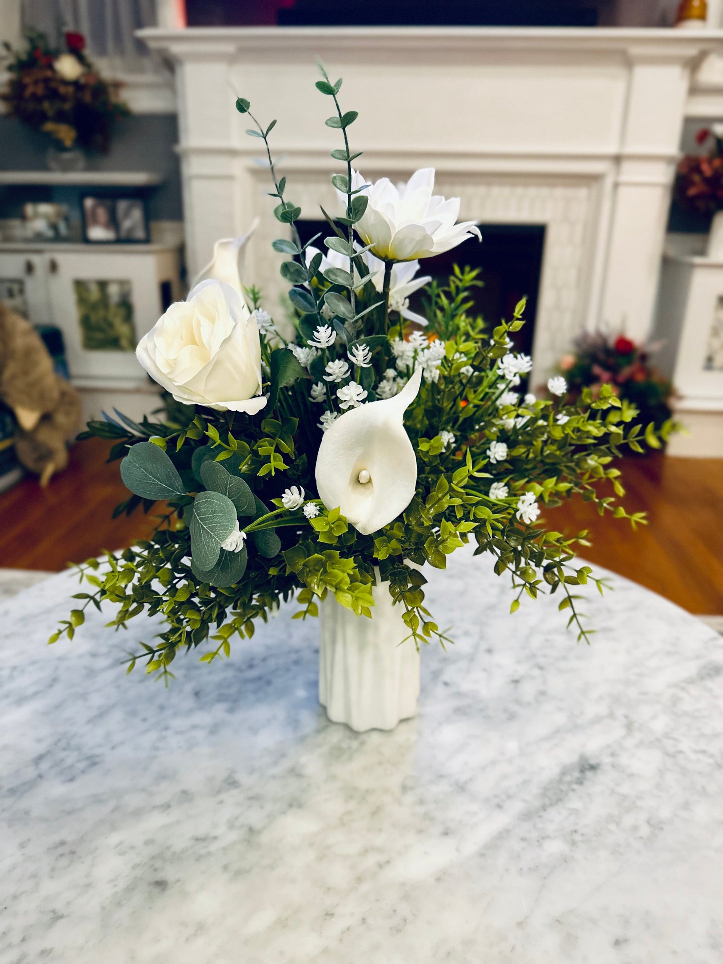 Charlotte- Green and White Floral Arrangement Fake Flowers