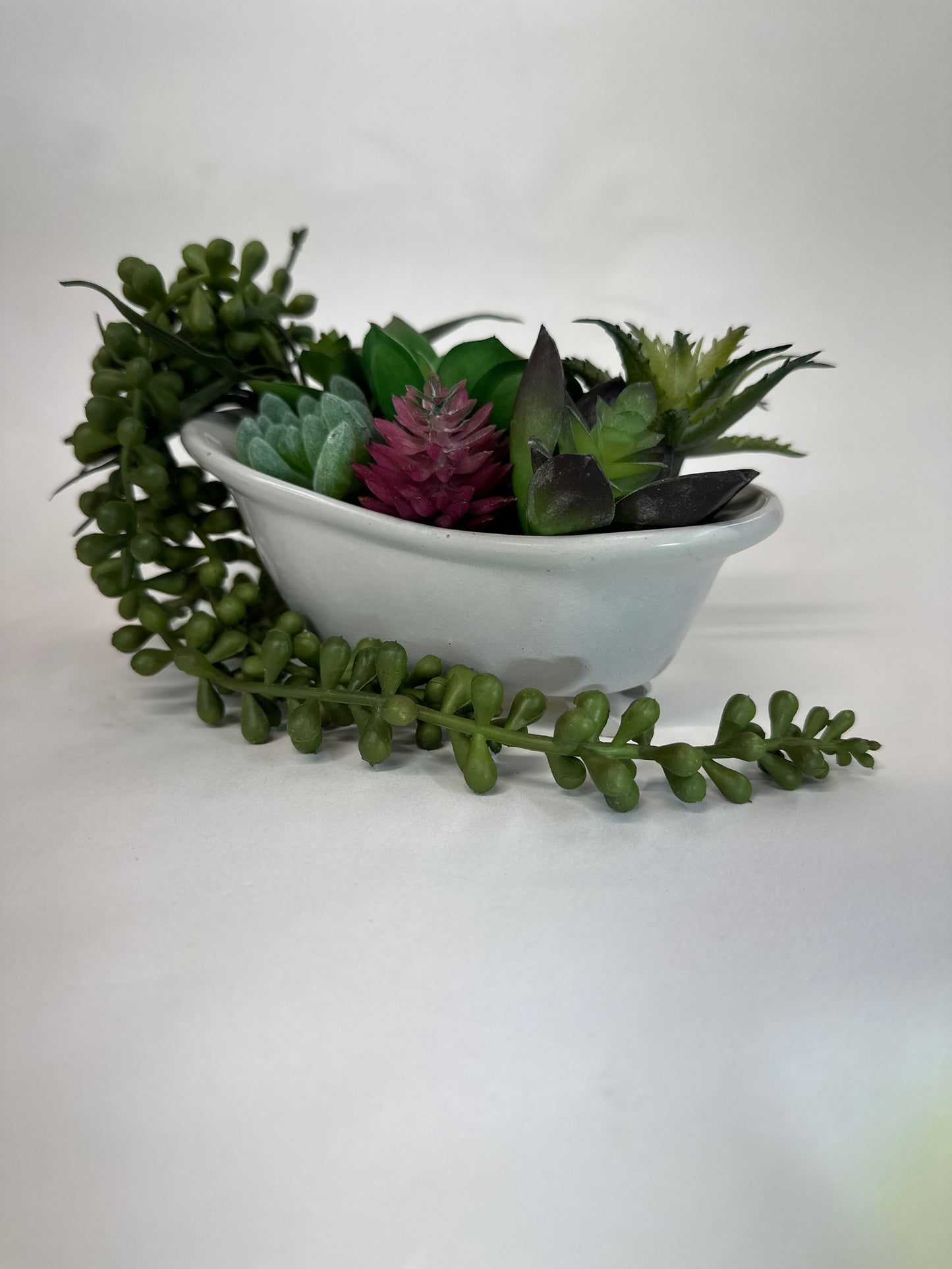 Mini Succulent Bath – Faux Arrangement in Ceramic Tub Planter