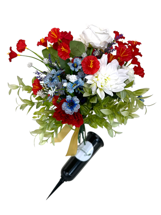 Patriotic Red, White & Blue Artificial Cemetery Bouquet – Memorial Day & Fourth of July Tribute