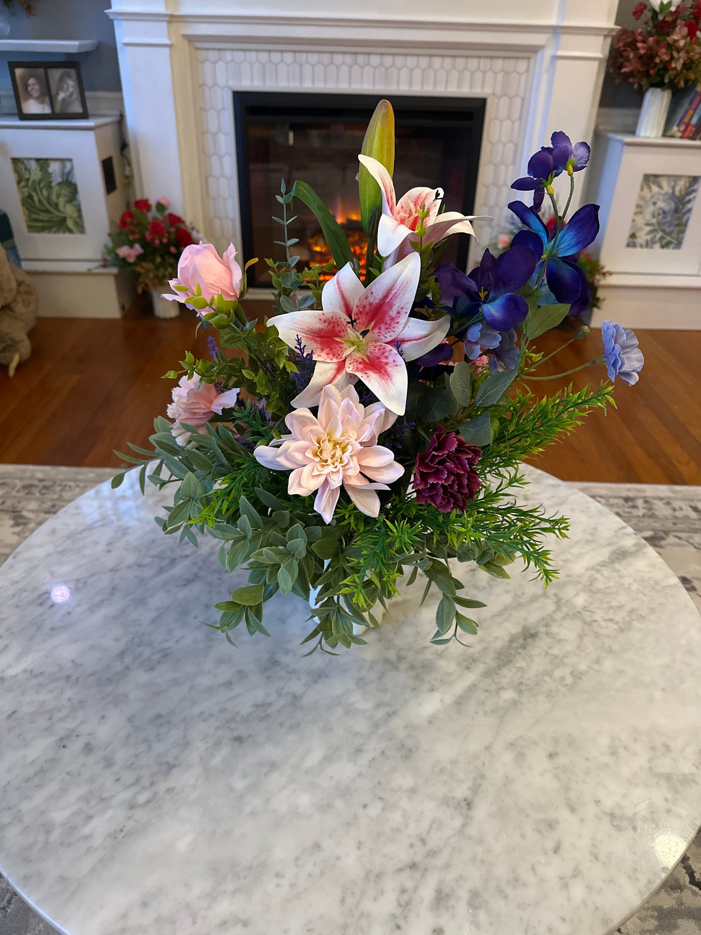 Pink & Purple Floral Arrangement Artificial Bouquet Fake Forever Flowers, Faux