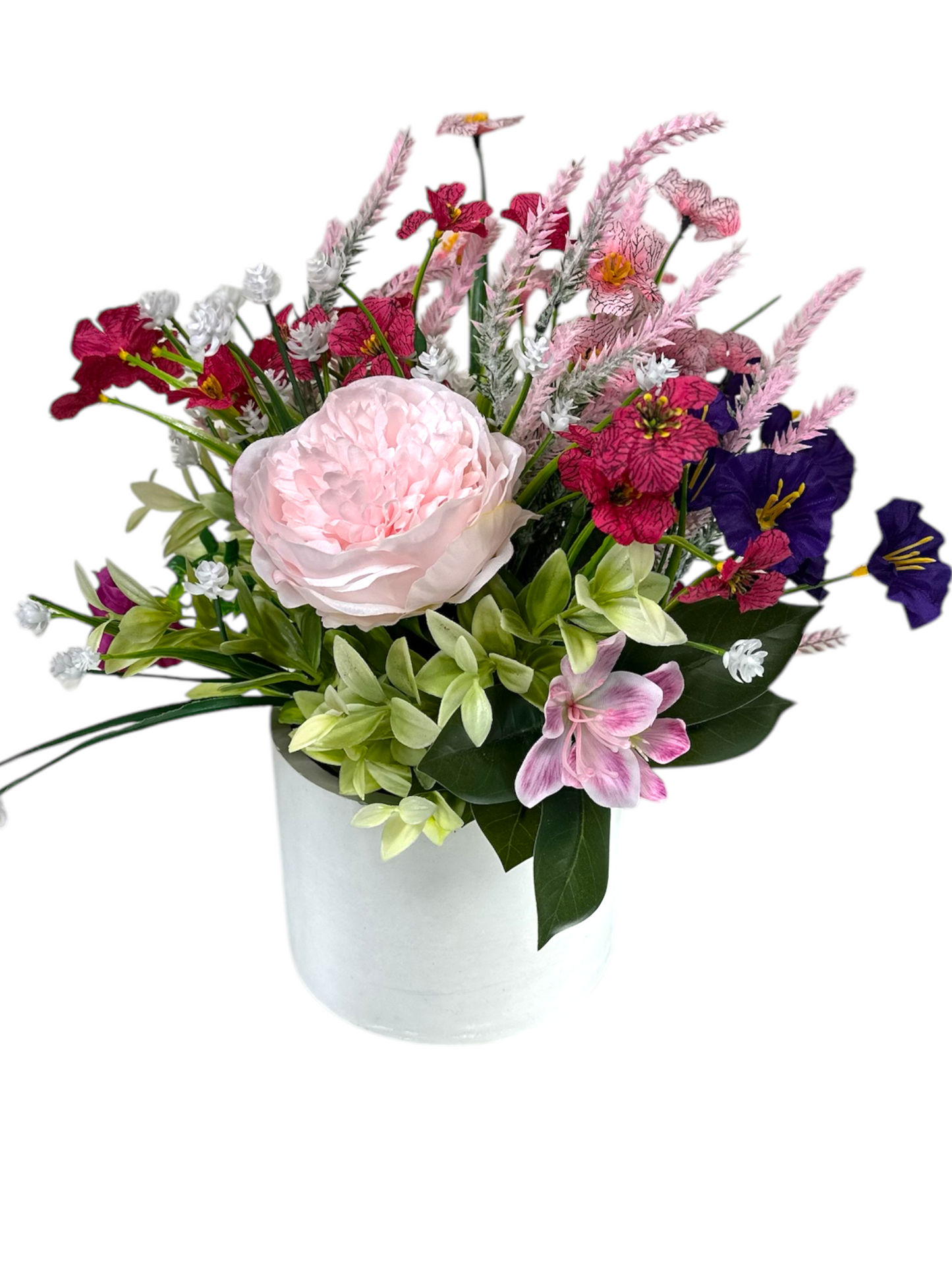 Blushing Bloom – Pink & Purple Faux Floral Arrangement in Cement Planter