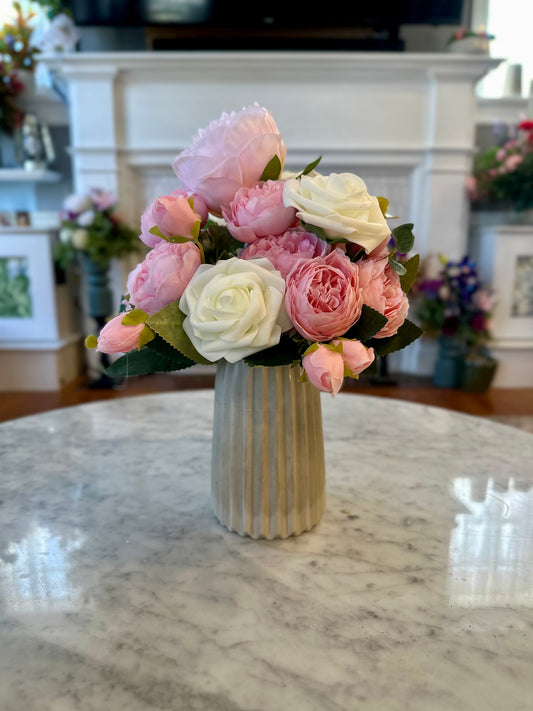 Marguerite - Pink & White Artificial Floral Arrangement in Ribbed Ceramic Vase