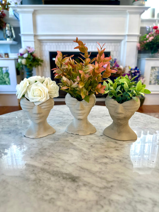“Blind Beauty” Cement Planter with Artificial Greenery