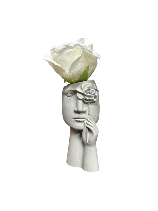 “Rosalie” – Modern Art Face Vase with Faux White Rose