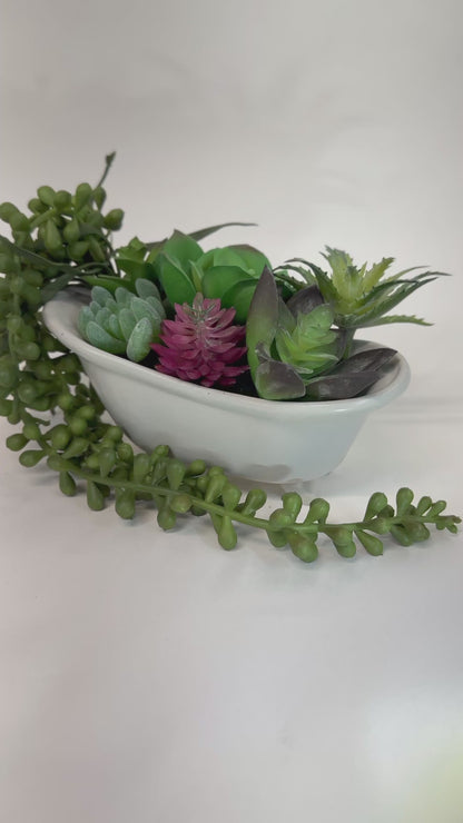 Mini Succulent Bath – Faux Arrangement in Ceramic Tub Planter