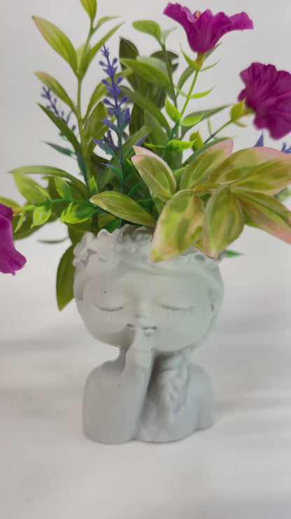 “Quiet Beauty” Faux Floral Arrangement in Cement Girl Planter
